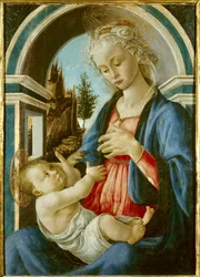 Jomfruen og barnets maleri av Sandro Botticelli (Filipepi) (1445-1510). 1467. Søn 72x51m. Avignon, Musee du Peinture Palais