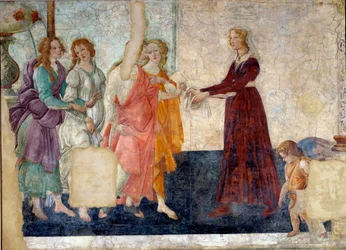 Venus and the Graces ofrer gaver til en ung jente. Freske av Villa Lemmi. Maleri av Sandro Botticelli (1444-1510)