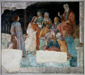 Ung mann førte til forsamlingen av de syv liberale kunstene. Freske av Villa Lemmi. Maleri av Sandro Botticelli (1444-1510)