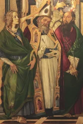 Altertavle, hovedpanel: Tronende Madonna, fire engler og helgener