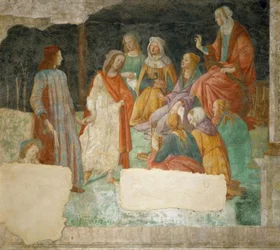 En ungdom (Lorenzo Tornabuoni?) blir brakt inn i av Minerva