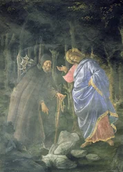Renselsen av den spedalske og Kristi fristelse, i det sixtinske kapell: detalj av djevelen som utfordrer Jesus til å forvandle steiner til brød, freske fra 1481