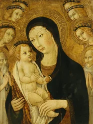 Madonnaen og barnet, med de hellige Anthony Abbott og Bernadino fra Siena, omgitt av engler,