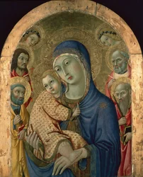 Madonnaen og barnet med hellige og engler (tempera på panel)