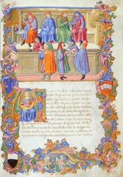 The Tribunal of Merchandise, miniatyrer fra Statutes of the Merchants no 6 av Sano di Pietro.