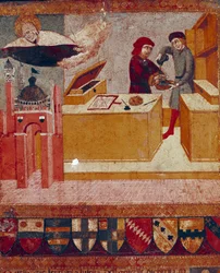 Camerlingvisten vasker symbolsk hendene mens den velvillige og beskyttende Jomfruen flyr over byen Siena Detail. Tremaleri av Sano di Pietro (1406-1481) som dekorerer en Biccherna (omslaget til regnskapsregisteret til byen Siena) 1451.