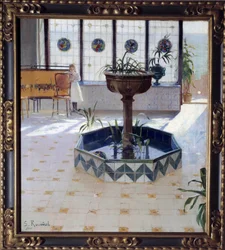 Fontenen under verandaen Maleri av James Rusinol og (i) Prats (1861-1931) 1894 Privat samling