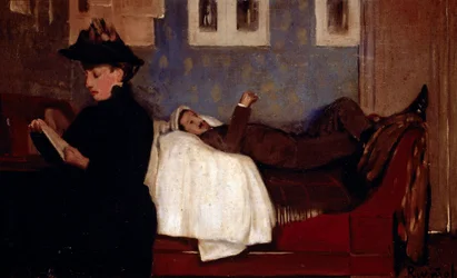 Verkstedet i Paris. Karakterlaget er trolig Miguel Utrillo (1862-1934). Maleri av Santiago Rusinol y (i) Prats (1861-1931)