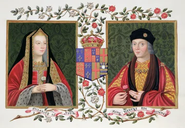 Dobbeltportrett av Elizabeth av York (1465-1503) og Henrik VII (1457-1509), som holder Yorks hvite rose og Lancasters røde rose, fra «Memoarer fra dronning Elizabeths hoff», utgitt i 182