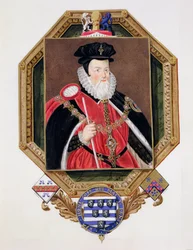 Portrett av William Cecil (1520-98) 1. baron Burghley fra Memoirs of the Court of Queen Elizabeth, etter et bilde av Marcus Gheeraerts den yngre (ca. 1561-1635) publisert i 1825 (wc og gouache o