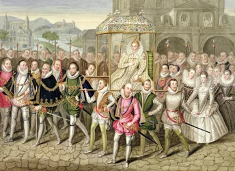 Dronning Elizabeth I i prosesjon med sine hoffmenn (ca. 160003) fra "Memoirs of the Court of Queen Elizabeth" etter en olje tilskrevet Robert Peake (ca. 1592-1667) ved Sherborne Castle, publisert i 18.