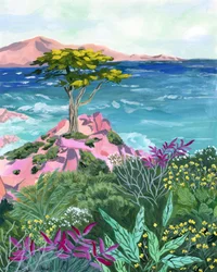 Pink Rocks Ocean Tree