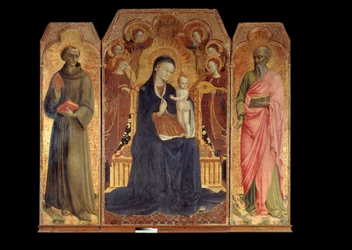 Jomfruen og barnet omgitt av seks engler. Rundt: Den hellige Antonius av Padua (san antonio di padova) og den hellige Johannes evangelisten. Altertavle av Stefano di Giovanni Sassetta (1392 - 1450)