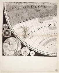 Et nytt og korrekt verdenskart (utsnitt), ca. 1774 (farget gravering)
