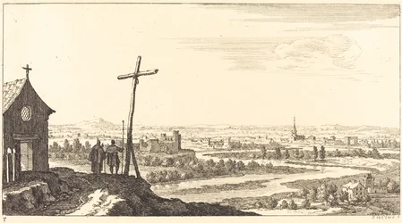 Landskap med kirke og by i avstand