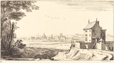 Landskap med by i avstand