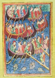Vikinger går i land i England under den andre migrasjonsbølgen (vellum)