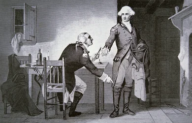 Amerikansk forræder: General Benedict Arnold instruerer Andre om å gjemme papirer i støvelen hans (litho)