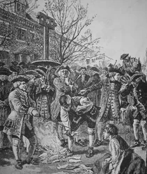 Bostonianere som brenner det stemplede papiret (litho)