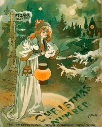 Juleplakat med en kvinne som holder en lykt foran en snødekket hytte (litografi)