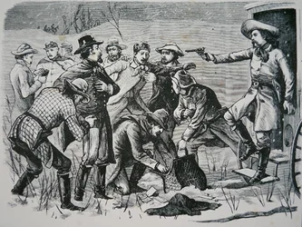Fire banditter overmanner og plyndrer to offiserer og syv soldater nær Bismarck, Dakota-territoriet, fra 