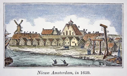 New Amsterdam (senere New York) på Manhattan Island, fra et syn publisert i 1659 (farge litho)