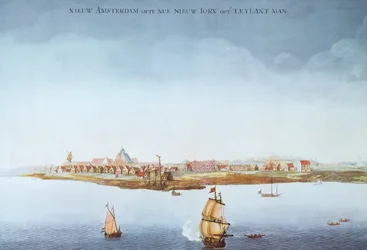 New Amsterdam på Manhattan Island i 1650 (farge litho)