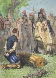 Pocahontas redder livet til John Smith (farget gravering)