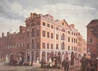 Hjørnet av Third and Market Streets, Philadelphia (farge litho)