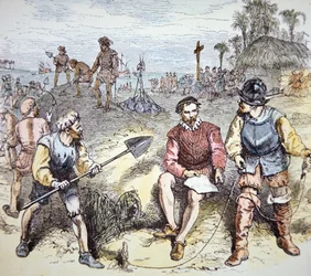 Grunnleggelsen av St. Augustine i Florida av spanjolene i 1565 (farge litho)