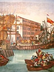 Utsikt over New York havn på midten av 1700-tallet (farge litho)