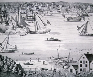 Utsikt over East River, New York ca. 1750 med et skipsbyggingssenter (litho)