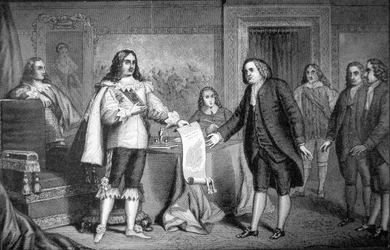 William Penn mottar Charter of Pennsylvania fra Charles II av England i 1681 (litho)