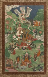 Hårklipp og andre scener. Thangka fra en oppfølger viet hovedepisodene i Buddhas liv.