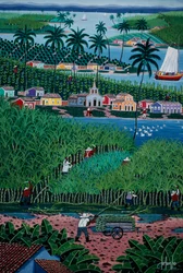 Naivt kunstmaleri som viser bambushøsting, Bahia State, Brasil