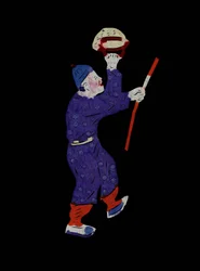 Figur fra hverdagslivet, bærende en kurv og en pinne. Malt papirklipp eller «Jian Zhi», kinesisk folkekunst, Peking.