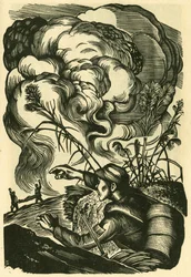Kamerat, alle sammen, Liu Luns krigsscene. Tresnitt, i «Tresnitt fra krigstidens Kina 1937–1945», Shanghai.