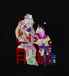 Par med gammel kvinne og en ung jente. Malt papirklipp eller «Jian Zhi», kinesisk folkekunst, Peking.