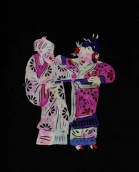 Par med gammel kvinne og en ung jente. Malt papirklipp eller «Jian Zhi», kinesisk folkekunst, Peking.
