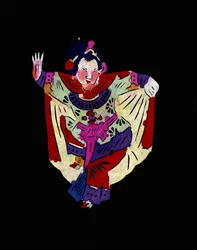 Kvinnelig figur fra Pekin-operaen, danser. Malt papirklipp eller «Jian Zhi», kinesisk folkekunst, Peking.