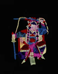 Kvinnelig figur fra Pekin-operaen med husker. Malt papirklipp eller «Jian Zhi», kinesisk folkekunst, Peking.