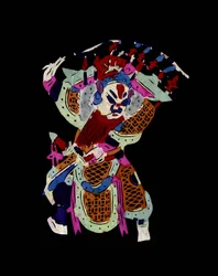 Mannlig figur fra Pekin-operaen med maske. Malt papirklipp eller «Jian Zhi», kinesisk folkekunst, Peking.