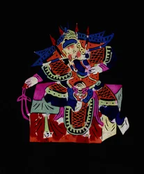 Mannlig figur fra Pekin-operaen med maske. Malt papirklipp eller «Jian Zhi», kinesisk folkekunst, Peking.
