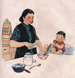 Mamma tilbereder et babymåltid. Illustrasjon, i «Hvordan gi barna våre bedre næring», Le Journal de la Santé Publishing, Beijing