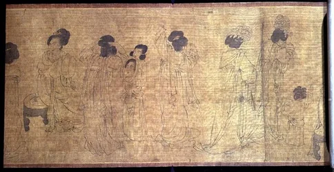 Palace Ladies at Leisure Handscroll, detalj av damer som forbereder seg til å gå ut, etter en original av Wen-chu Chou (fl.970) Southern Sung-perioden, ca. 1140 (blekk og pigment på silke) (se også 114250)