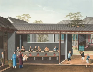 Teproduksjon, ca. 1820 (kroppsfarge og gullmaling på silke lagt ned på papir)