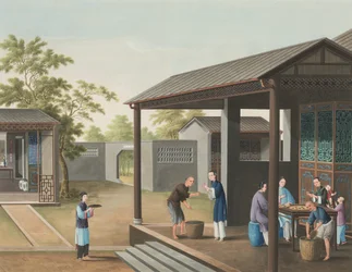 Teproduksjon, ca. 1820 (kroppsfarge og gullmaling på silke lagt ned på papir)