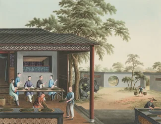 Teproduksjon, ca. 1820 (kroppsfarge og gullmaling på silke lagt ned på papir)