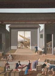 Teproduksjon, ca. 1820 (kroppsfarge og gullmaling på silke lagt ned på papir)