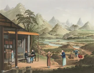 Teproduksjon, ca. 1820 (kroppsfarge og gullmaling på silke lagt ned på papir)